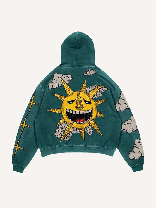 Kapuzenpullover mit schrägen Taschen und Mond-, Sonnen-, Stern- und Wolken-Print