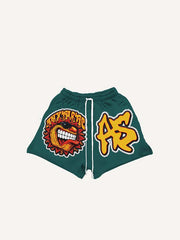 Sun&Fire&Sunglasses&Letter Faux Decal Print Drawstring Waist Shorts