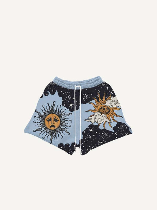 Shorts mit Kordelzug in der Taille und traurigem Sonnen-, Augen-, Wolken- und Grafikdruck