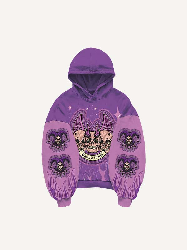 Colorblock Clown Skeleton Wing Graphic Faux Decal Print Slant Pockets Hoodie