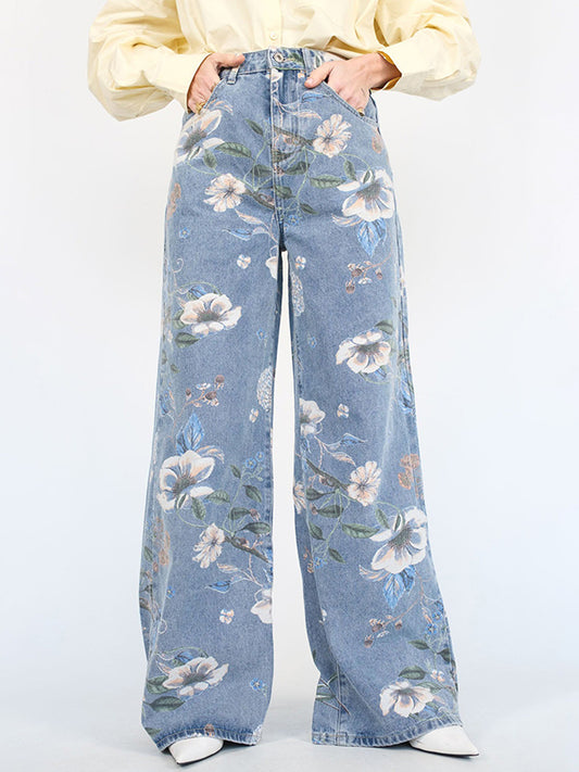Printed Washed Pastoral Style Women's Casual Denim Pant