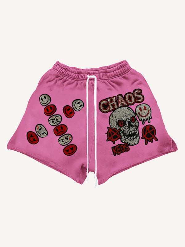 Washed skull applique textured print high-end fashion shorts