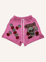 Washed skull applique textured print high-end fashion shorts