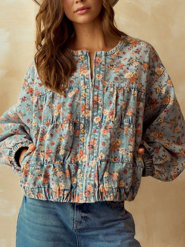 Printed Washed Pastoral Style Womens Casual Jacket