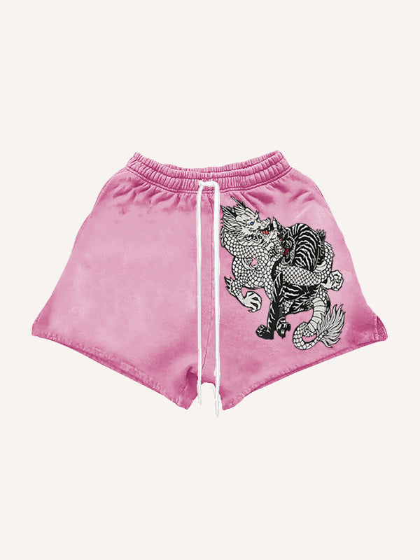 Embroidered white dragon ethnic style shorts