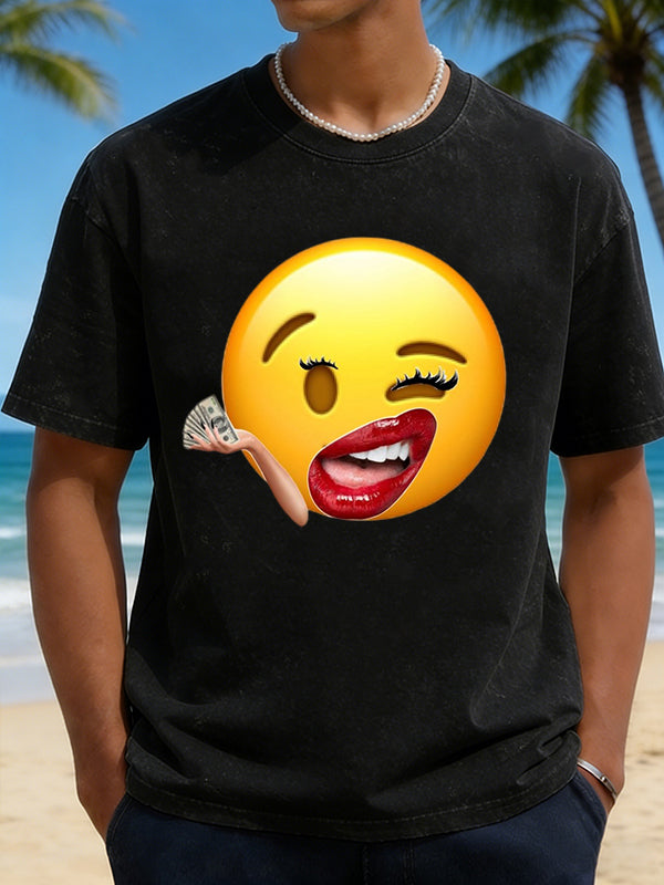 Men's Winking Kissy Emoji with Cigarette Graphic Short Sleeve T-Shirt