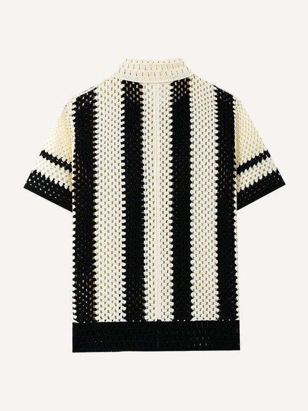 Black & White Solid Color Knitted Lapel Casual Shirt for Summer, Real Shot