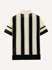 Black & White Solid Color Knitted Lapel Casual Shirt for Summer, Real Shot