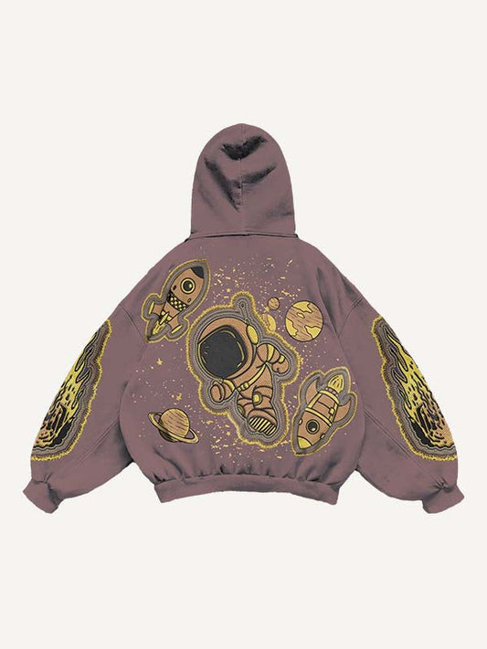 Astronaut Planet Rocket Ufo Faux Decal Print Slant Pockets Hoodie