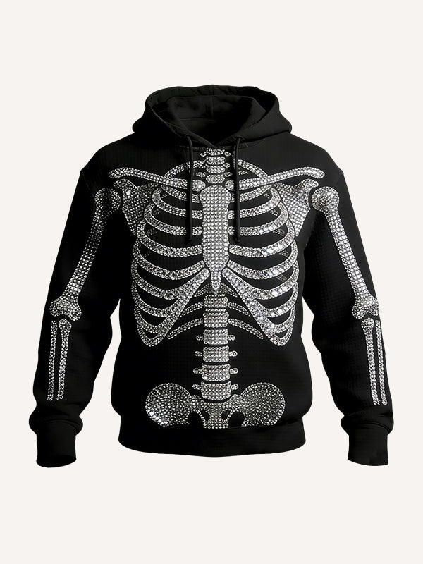 Rhinestone Skeleton Rib Cage Hoodie - Black Gothic Punk 3D Sparkly Graphic Pullover Sweatshirt