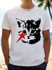 Unisex Black & White Cat with Red Star Graphic Tee