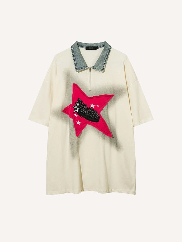 Letter Star Patches Denim Lapel Polo T-shirt