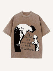 Distressed Washed Figure&Letter Print Round Neck T-shirt