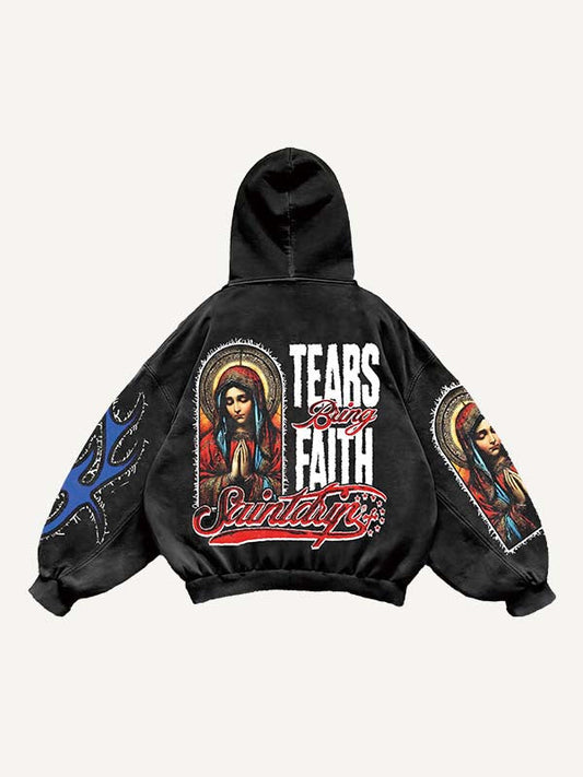 Figure Pray Letter Graphic Faux Decal Print Slant Pockets Hoodie
