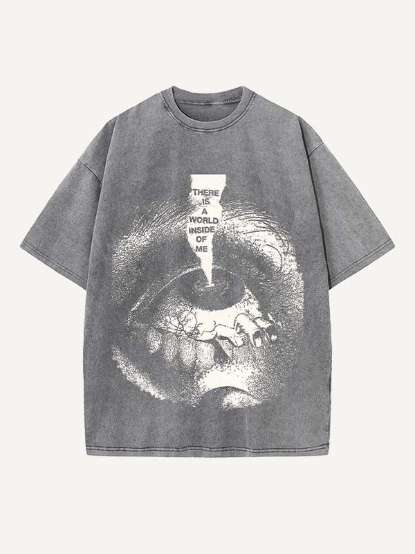 Distressed Washed Eye&Letter Print Round Neck T-shirt