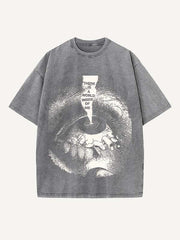 Distressed Washed Eye&Letter Print Round Neck T-shirt