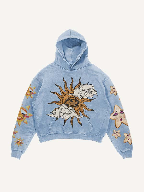 Sad Sun&Eye&Cloud&Graphic Print Slant Pockets Hoodie