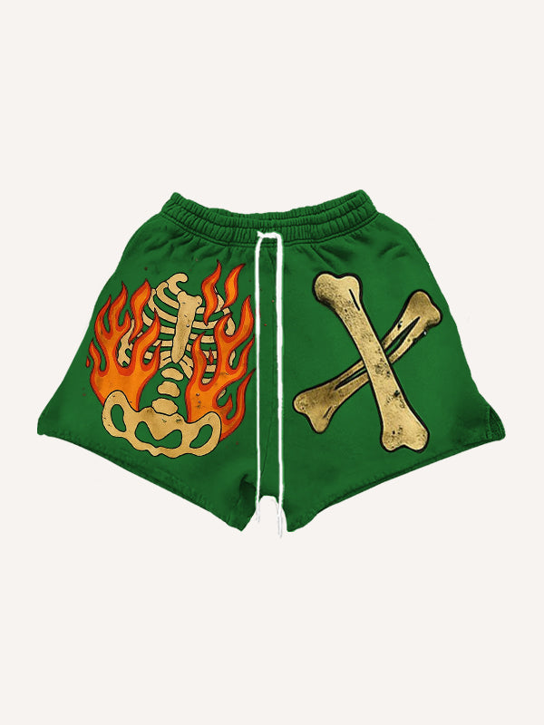 Ripped Distressed Flame Skull Hooded Shorts