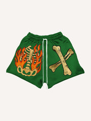 Ripped Distressed Flame Skull Hooded Shorts