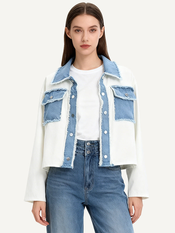 Luxury denim patchwork knit jacket a celebrity-style piece