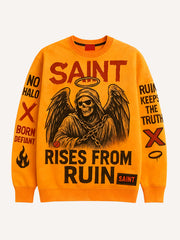 New printed crewneck sweatshirt that looks like a devil but is actually an angel