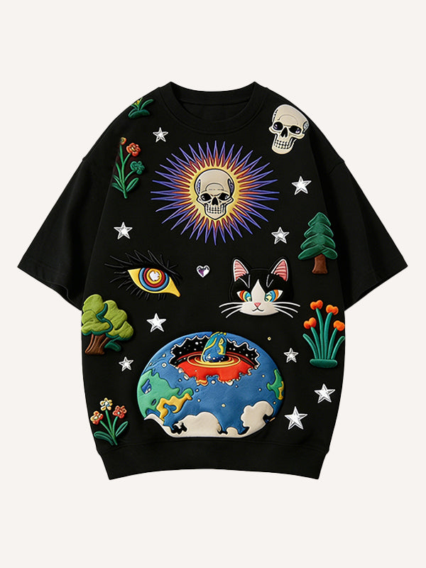 Cat People Attack Earth Print Short Sleeve