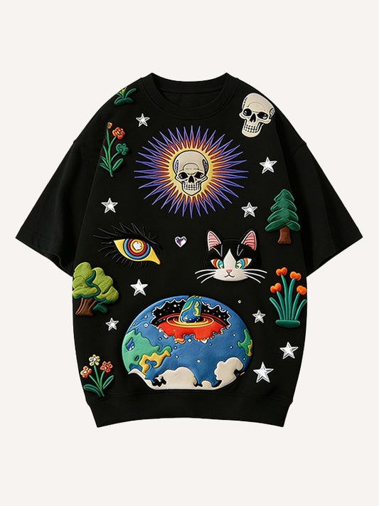 Cat People Attack Earth Print Short Sleeve