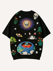 Cat People Attack Earth Print Short Sleeve