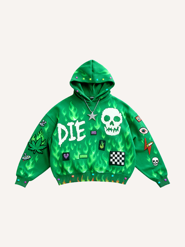 Passionate Classic Skull Print Maple Leaf Burning Y2K Hoodie