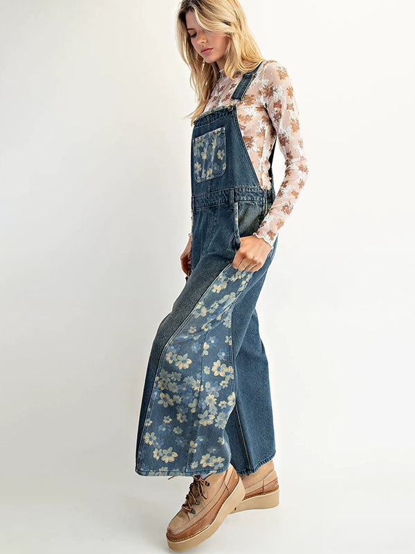 Printed Washed Pastoral Style Womens Casual Overalls