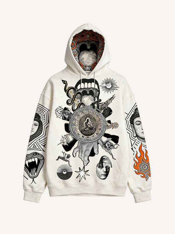 Hoodie with a design featuring faith in the Holy Light and ancient symbols