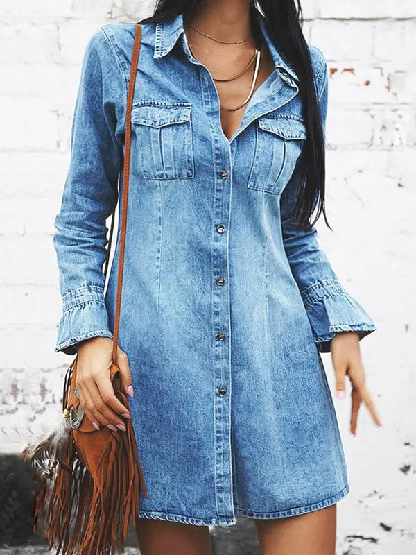 Collared denim elegant casual commuter washed dress