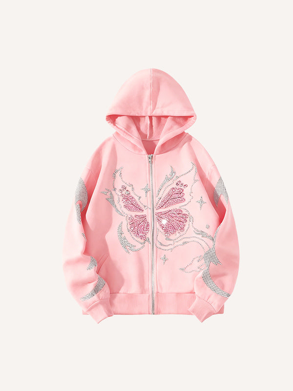 Rhinestone Butterfly Print Y2K Hoodie