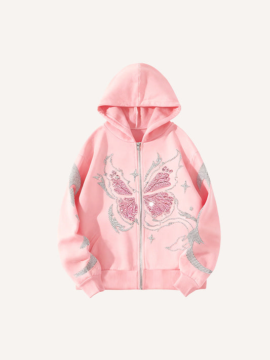 Rhinestone Butterfly Print Y2K Hoodie
