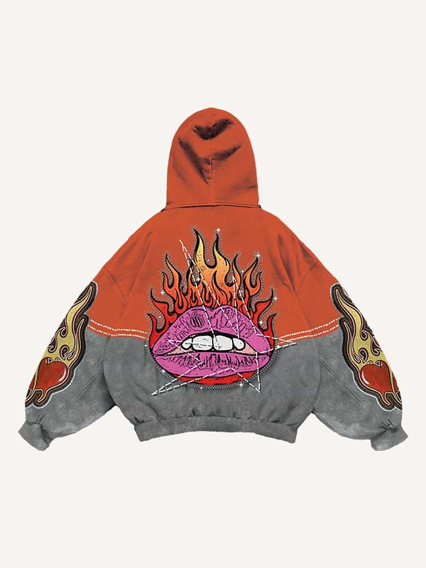 Colorblock Lips Fire Heart Letter Faux Decal Print Slant Pockets Hoodie