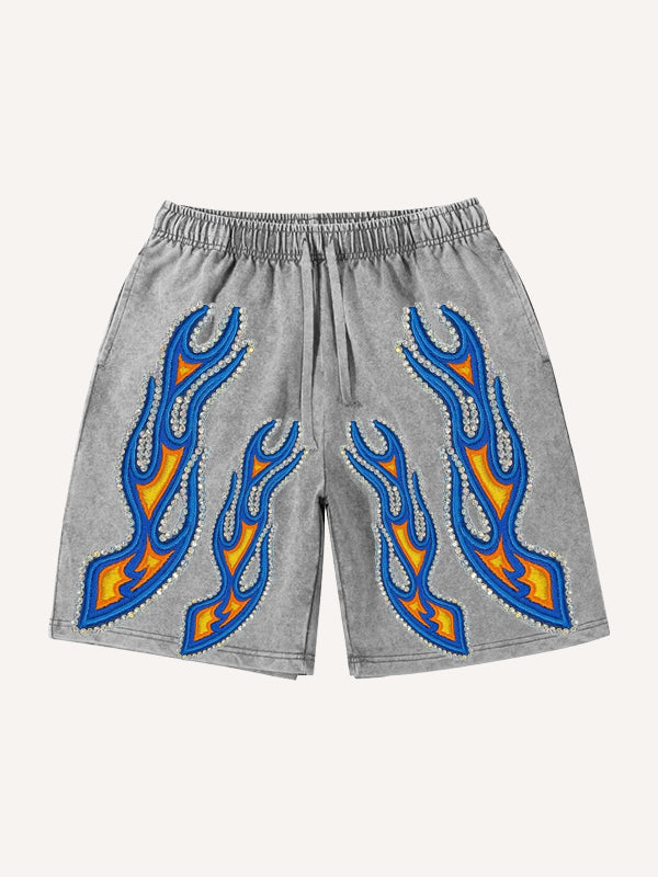 Washed flame rhinestone skull embellished shorts