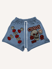 Washed skull applique textured print high-end fashion shorts