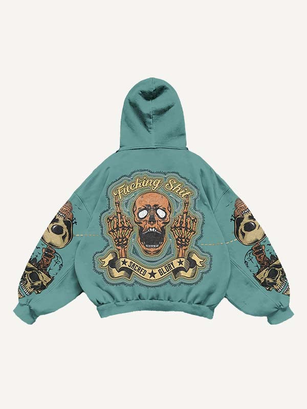 Cross Skull Gesture Letter Faux Decal Print Slant Pockets Hoodie