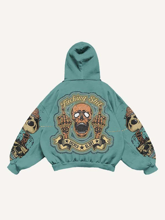 Cross Skull Gesture Letter Faux Decal Print Slant Pockets Hoodie