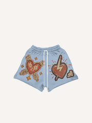 Heart Graphic Letter Faux Decal Print Drawstring Waist Shorts