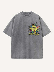 Distressed Washed Sun&Letter Print Round Neck T-shirt