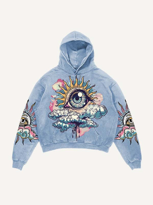 Kapuzenpullover mit Augen-, Wolken-, Mond- und Grafikdruck und schrägen Taschen 