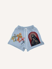 Mary Pray Cross Print Drawstring Waist Shorts