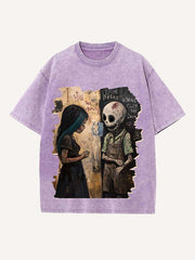Distressed Washed Figure&Skeleton&Graphic&Letter Print Round Neck T-shirt