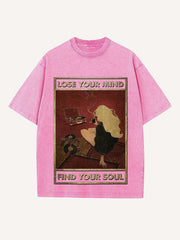 Distressed Washed Figure&Letter Print Round Neck T-shirt