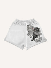 Embroidered white dragon ethnic style shorts