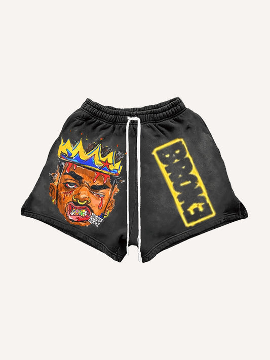 Street Comfortable Graffiti Rap Emperor Distressed Print Shorts