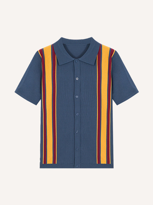 Collared cardigan striped knit sweater