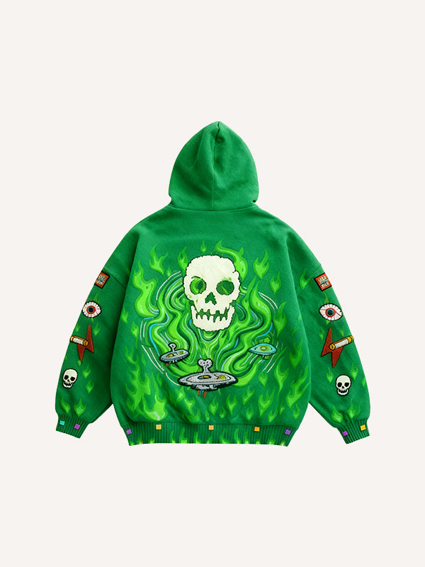 Passionate Classic Skull Print Maple Leaf Burning Y2K Hoodie