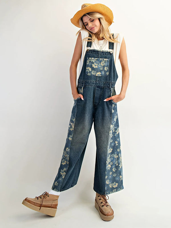 Printed Washed Pastoral Style Womens Casual Overalls